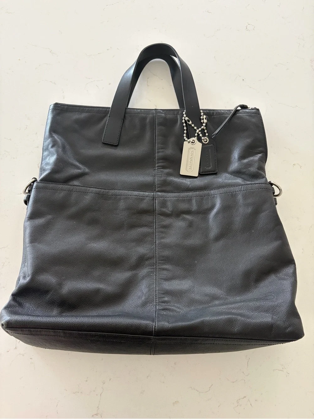 Black Coach Leather Charles Foldover Tote With Classic Silver Hangtags